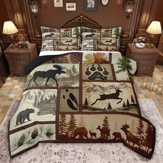 Castle Fairy Safari Bear Deer Queen Comforter Set,Geometric Plaid Bedding Comforter Set