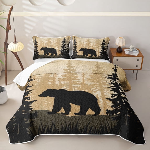 Castle Fairy Safari Bear Twin Quilt Set,Woodland Animal Twin Coverlet Set,Black Cream