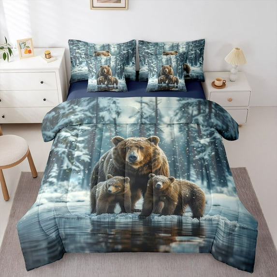 Castle Fairy Safari Bears Bedding Comforter Set 7-Piece for Boys Girls,Winter Jungle Animal King Bedding Sets,Woodland Wildlife Ultra Soft Bed Sheets,Luxury Bedroom Decor,Reversible