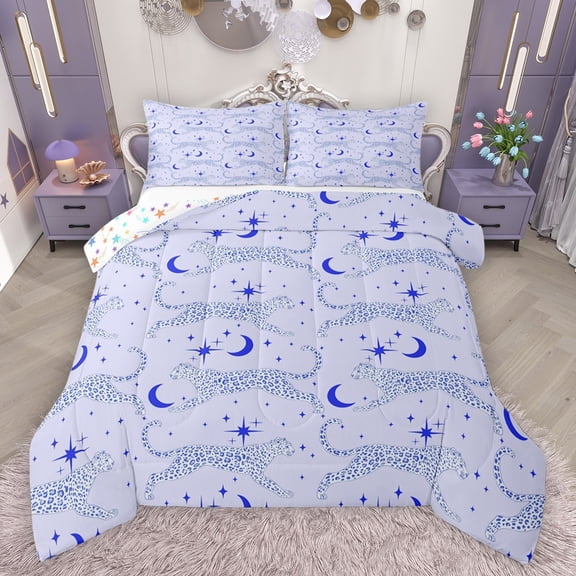 Castle Fairy Kids Safari Cheetah Leopard 2-Piece Twin Comforter Set, Jungle Animal Starry Sky Moon Microfiber Bedding