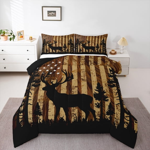 Castle Fairy Safari Deer 2Pcs Bedding Comforter Set for Teens Woemn Men,American Flag Twin Comforter Sets,Rustic Vintage Breathable Bedding Set,Ultra Soft Home Decor