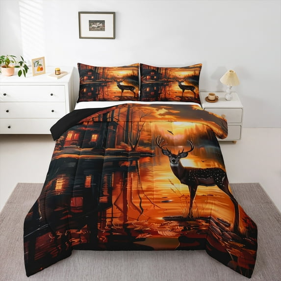 Castle Fairy Safari Deer 3-Piece Full Size Comforter Sets for Teens Boys Men,Autumn Sunset Bedding Comforter Set,Woodland Animal Lightweight Bedding Sets,Microfiber Bedroom Decor