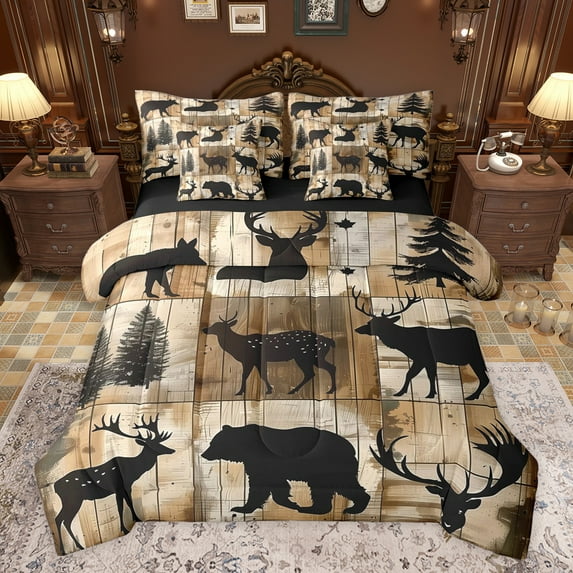 Castle Fairy Safari Deer Bear Twin Bedding Sets 7-Piece for Kids Teenagers Adults,Rustic Vintage Cabin Bedding Comforter Set Microfiber,Woodland Wildlife Breathable Sheet Sets,Breathable Home Decor