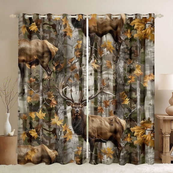 Castle Fairy Safari Deer Black Out Curtains for Boys Girls,Abstract Vintage Camouflage Curtains Pack of 2 (42x63 Each),Autumn Jungle Tree Branches Bedroom Curtains,Luxury Bedroom Decor