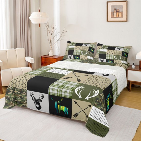 Castle Fairy Safari Deer Boy Bed Sheets,Geometric Plaid King Sheets