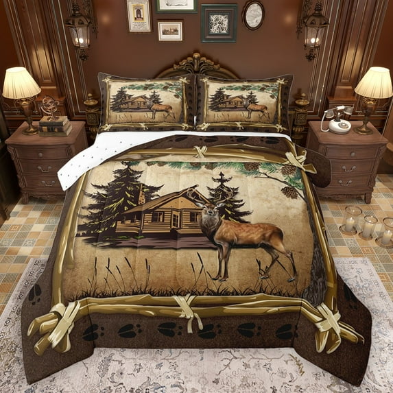 Castle Fairy Safari Deer Boy Girl Bedding Comforter Set 2pcs,Retro Rustic Cabin Twin Comforter Sets Microfiber,Vintage Vintage Aesthetic Breathable Bedding Set,Lightweight Room Decor,Reversible