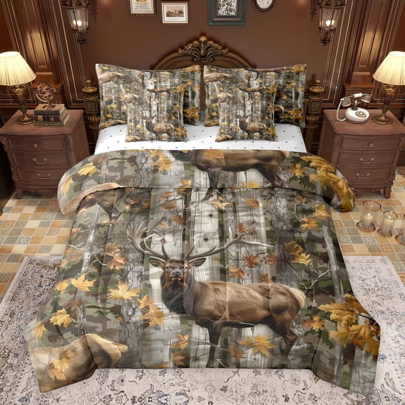Castle Fairy Safari Deer Twin Bedding Sets 7-Piece for Boys Girls,Abstract Vintage Camouflage Bedding Comforter Set Microfiber,Autumn Jungle Tree Branches Breathable Sheet Sets,Luxury Bedroom Decor