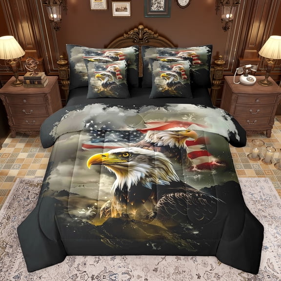 Castle Fairy Safari Eagle Bedding Comforter Set 7-Piece for Boys Girls,USA Flag King Bedding Sets,Vintage Aesthetic Ultra Soft Bed Sheets,Super Cozy Room Decor,Reversible