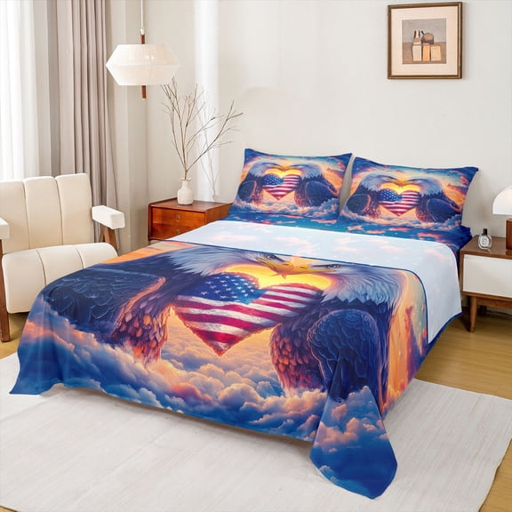 Castle Fairy Safari Eagles Twin Sheet Sets 3pcs for Boys Girls,USA Flag Love Heart Twin Fitted Sheet Microfiber,Vintage Aesthetic Breathable Flat Sheet,Super Cozy Room Decor