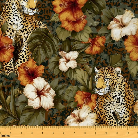 Castle Fairy Safari Leopard Fabric by the Yard 1 Yard for Teens,Tropical Flowers Leaves Home Decor Fabric by the Yard,Floral Animal Room Decor Fabric by the Yard,Luxury Bedroom Decor