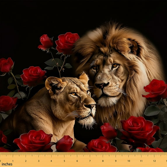 Castle Fairy Safari Lion Fabric by the Yard 1 Yard for Teens,Red Rose Home Decor Fabric by the Yard,Floral Animal Room Decor Fabric by the Yard,Luxury Bedroom Decor