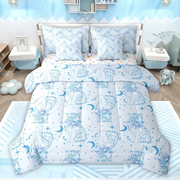 Castle Fairy Safari Tiger Wildlife Bedding Comforter Set 7pcs for Children Teens Adults,Jungle Animal Queen Bedding Sets Super Cozy,Starry Sky Moon Queen Sheet Sets,Microfiber Bedroom Decor