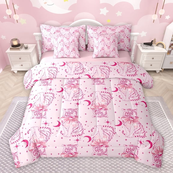 Castle Fairy Safari Tiger Wildlife Twin Bedding Sets 7-Piece for Children Teens Adults,Jungle Animal Bedding Comforter Set Microfiber,Starry Sky Moon Breathable Sheet Sets,Microfiber Bedroom Decor