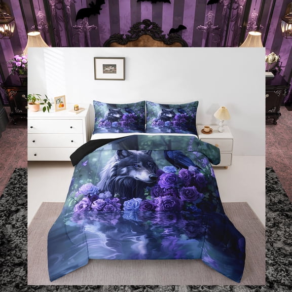Castle Fairy Safari Wolf Crow Queen Comforter Set,Rose Butterfly Bedding Comforter Set