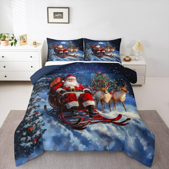 Castle Fairy Santa Claus 3-Piece Full Size Comforter Sets for Children,Xmas Deer Bedding Comforter Set,Happy New Year Lightweight Bedding Sets,Ultra Soft Home Decor