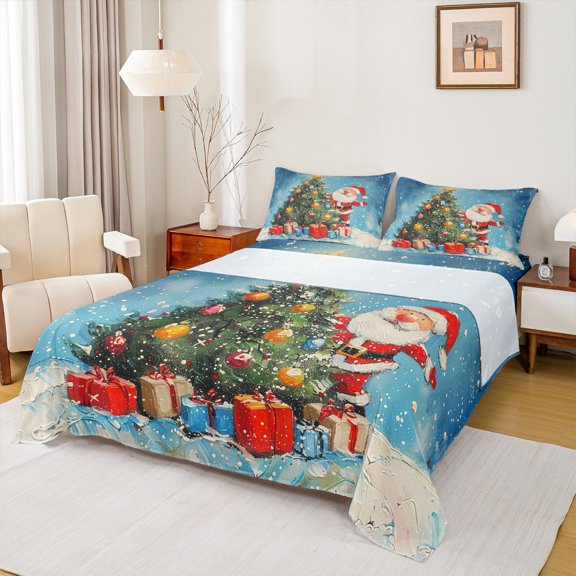 Castle Fairy Santa Claus 3Pcs Twin Sheet Sets for Kids Children Boys Girls,Merry Christmas Tree Twin Fitted Sheet,Xmas Festival Breathable Flat Sheet,Super Cozy Room Decor