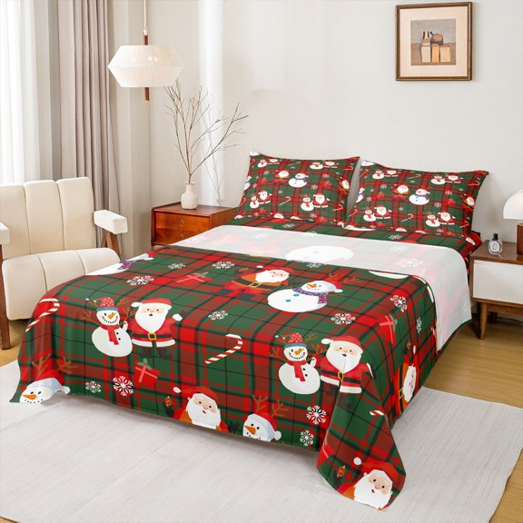 Castle Fairy Santa Claus 3pcs Twin Sheet Sets,Geometric Plaid Twin Fitted Sheet,Happy New Year Breathable Flat Sheet,Breathable Festival Home Decor