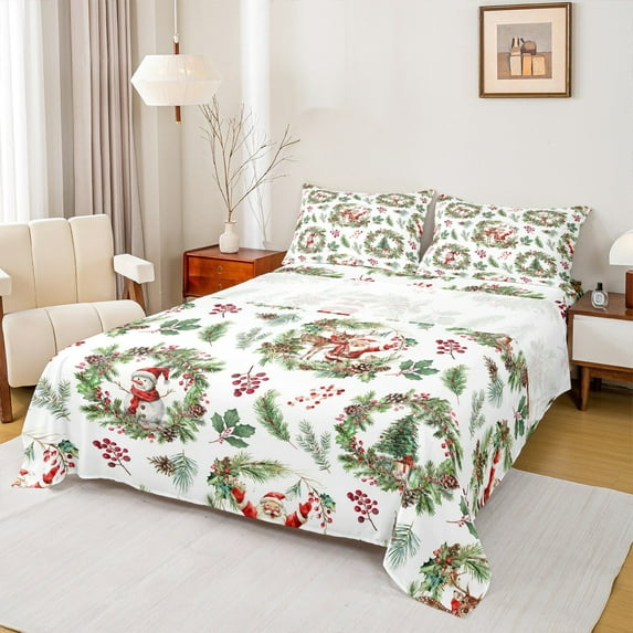 Castle Fairy Santa Claus 4-Piece Full Size Sheets for Teens,Deer Snowman Bed Sheets,Happy New Year Lightweight Sheet Sets,Microfiber Bedroom Decor