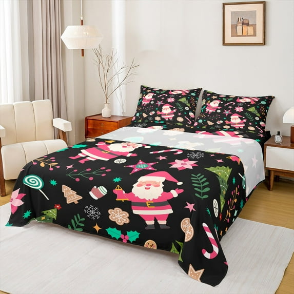 Castle Fairy Santa Claus 4 Pieces Queen Sheet Sets,Merry Christmas Ultra Soft Flat Sheet,Festival Xmas Queen Fitted Sheet,Luxury Children Bedroom Decor