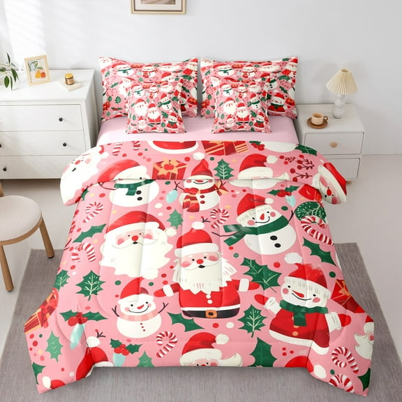 Castle Fairy Santa Claus 7-Piece Twin Bedding Sets for Children,Cartoon Snowman Bedding Comforter Set,Happy New Year Breathable Sheet Sets,Lightweight Room Decor