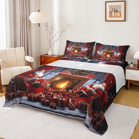 Castle Fairy Santa Claus Boy Girl 4 Pieces Queen Sheet Sets,Merry Christmas Ultra Soft Flat Sheet,Xmas Festival Theme Queen Fitted Sheet,Microfiber Bedroom Decor