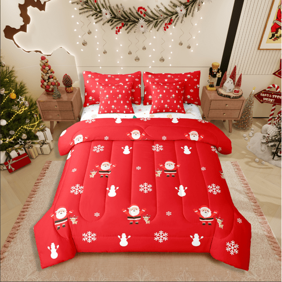 Castle Fairy Santa Claus Girl 7 Pieces Bedding Comforter Set,Christmas Deer Full Bedding Set Lightweight,White Red Fitted Sheet Flat Sheet,Microfiber Bedroom Decor