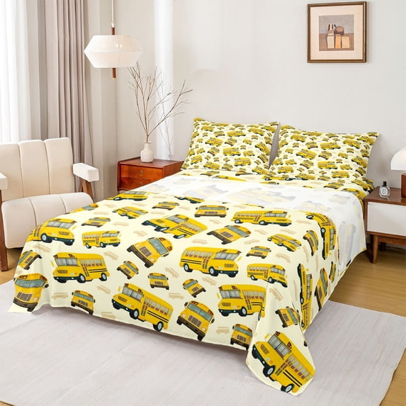 Castle Fairy School Bus Pattern Queen Sheet Sets 4 Pieces for Kids, Yellow Art Bed Set for Bedroom, Yellow Black