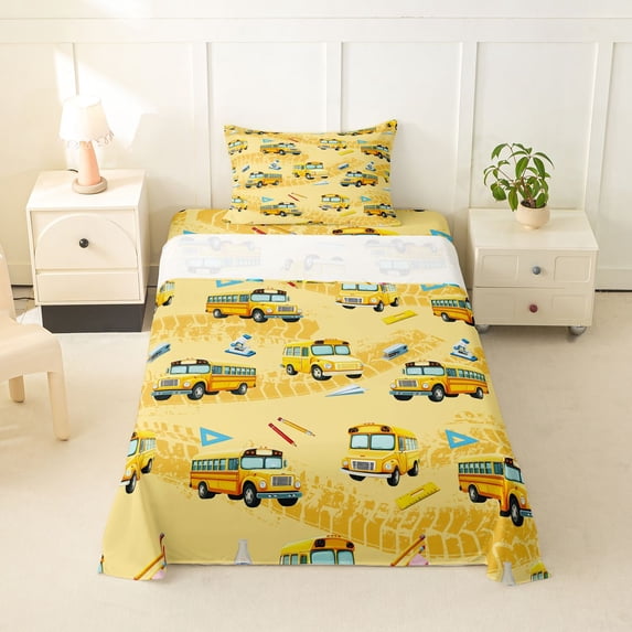 Castle Fairy School Bus Pattern Twin Sheet Sets 3pcs for Teens, Stationery Print Bedding for Bedroom, Yellow Blue
