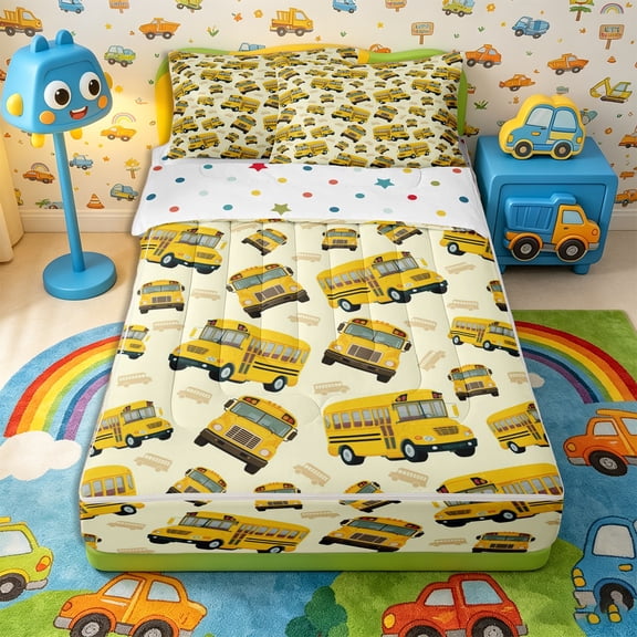 Castle Fairy School Bus Pattern Zipper Full Size Comforter Sets with Fitted Sheet and 2 Pillowcases,Yellow Art Zipper Bedding Set for Bedroom,Yellow Black,4pcs,Reversible