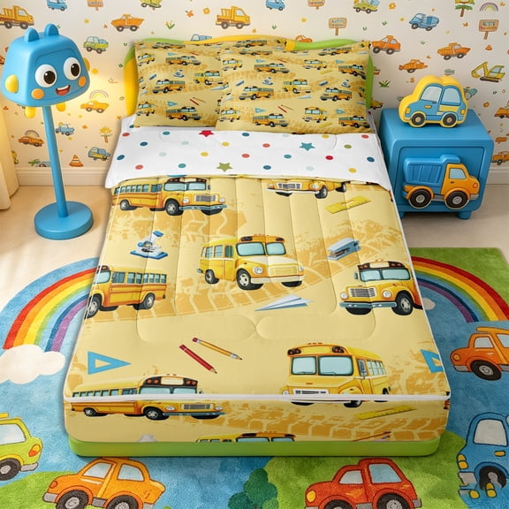 Castle Fairy School Bus Pattern Zipper Twin Comforter Sets with Fitted Sheet and 2 Pillowcases,Stationery Print Zipper Bedding Set for Bedroom,Yellow Blue,4-Piece,Reversible