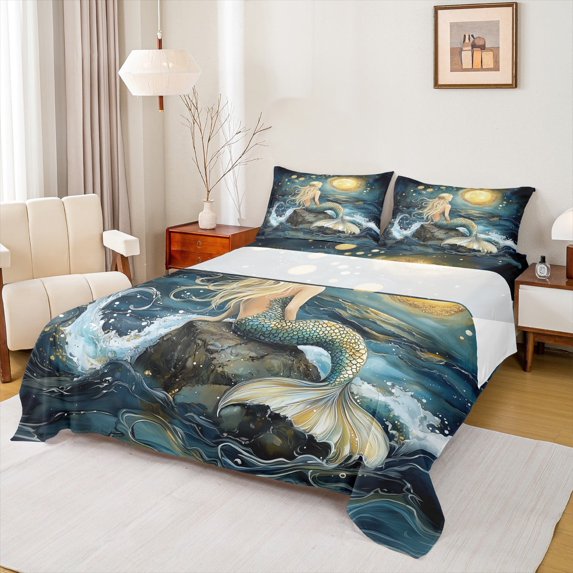 Castle Fairy Sea Mermaid 4-Piece Full Size Sheets,Ocean Princess Bed Sheets,Oil Painting Lightweight Sheet Sets,Microfiber Girls Bedroom Decor
