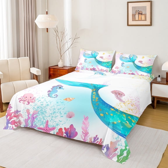 Castle Fairy Sea Mermaid Bed Sheets,Ocean Seahorse Jellyfish King Sheets