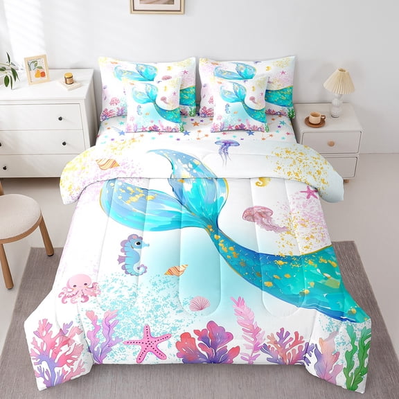 Castle Fairy Sea Mermaid Bedding Comforter Set,Ocean Seahorse Jellyfish Full Bedding Set