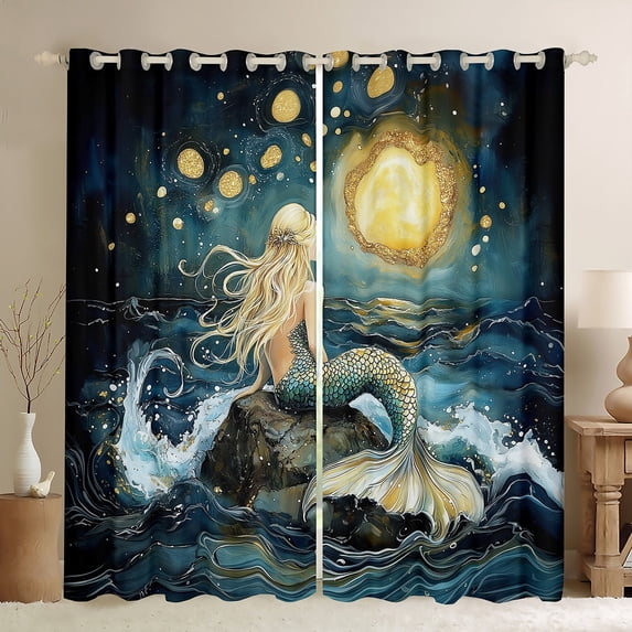 Castle Fairy Sea Mermaid Black Out Curtains,Ocean Princess Curtains Pack of 2 (42x63 Each),Oil Painting Bedroom Curtains,Microfiber Girls Bedroom Decor
