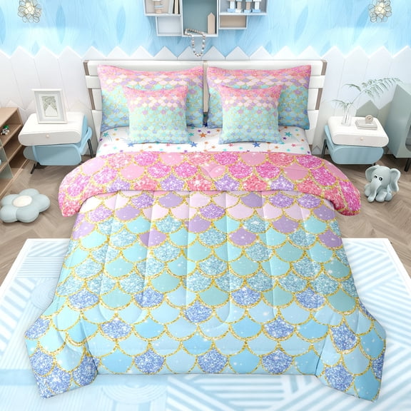 Castle Fairy Sea Mermaid Girl Bedding Comforter Set 7 Pieces,Bling Glitter Glitter Full Bedding Set Lightweight,Ocean Princess Fitted Sheet Flat Sheet,Luxury Bedroom Decor,Reversible