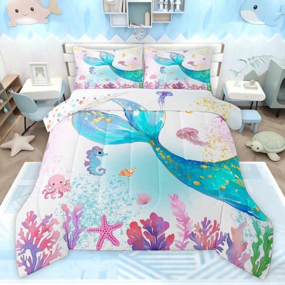 Castle Fairy Sea Mermaid Twin Comforter Sets,Ocean Seahorse Jellyfish Bedding Set