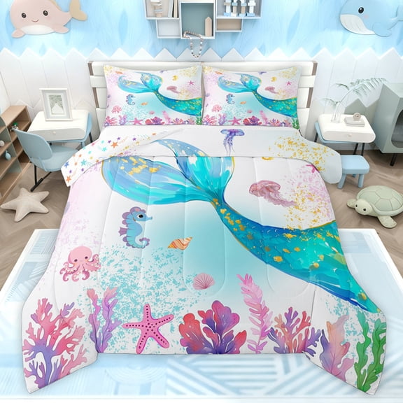 Castle Fairy Sea Mermaid Twin Comforter Sets,Ocean Seahorse Jellyfish Bedding Set