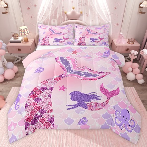 Castle Fairy Sea Mermaid Twin Comforter Sets for Teens,Bling Glitter Print Bedding Set