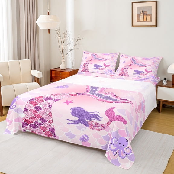 Castle Fairy Sea Mermaid Twin Sheet Sets for Children Teens,Bling Glitter Print Bedding