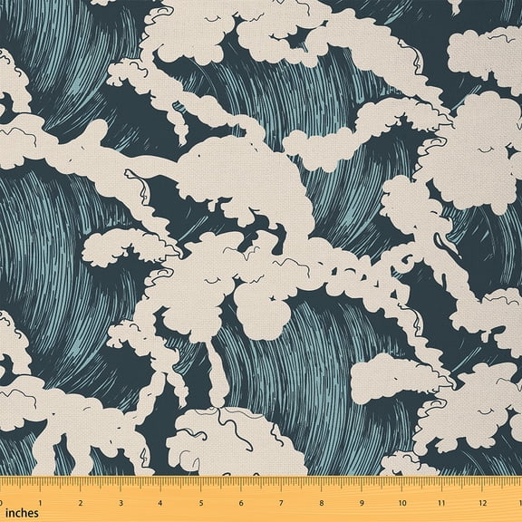 Castle Fairy Sea Waves Fabric by the Yard 1 Yard for Teens,Teal White Home Decor Fabric by the Yard,Japanese Style Room Decor Fabric by the Yard,Microfiber Bedroom Decor