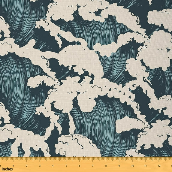 Castle Fairy Sea Waves Fabric by the Yard 2 Yards for Teens,Teal White Room Decor Fabric by the Yard,Japanese Style Sewing Fabric,Microfiber Bedroom Decor