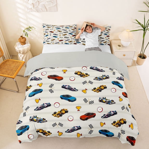 Castle Fairy Seamless Race Car Duvet Cover Set for Teens, Checkered Trophy Print Bedding Full for Boys Bedroom, Blue Red,Grey Reversible,3pcs,No Comforter