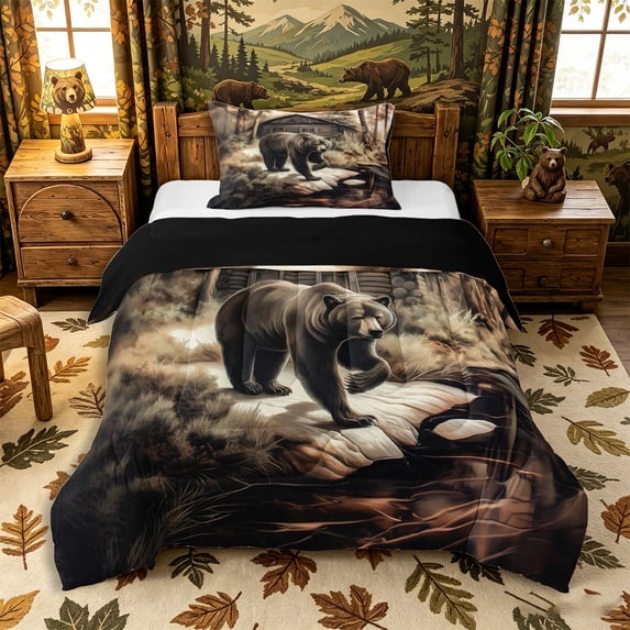 Castle Fairy Sepia Brown Bear Twin Comforter Sets 2pcs for Teens,Misty Forest Log Cabin Bedding Set,Brown Cream Black,Black Reversible,1 Comforter and 1 Pillowcase