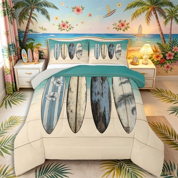 Castle Fairy Shabby Vintage Surfboard Queen Comforter Set 3 Pieces,Palm Hibiscus Wooden Board Comforter Sets Queen,Cream Teal,Grey Reversible,1 Comforter and 2 Pillowcases