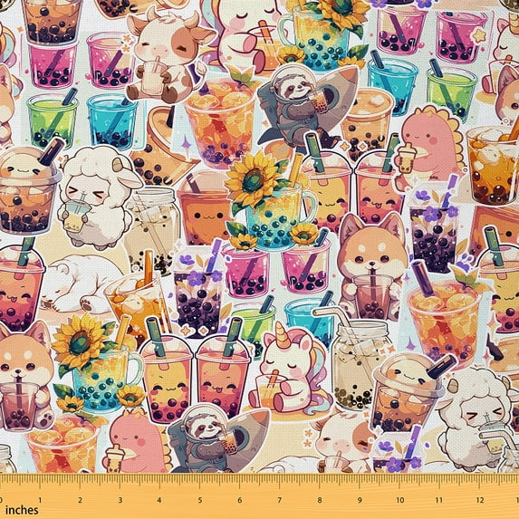 Castle Fairy Sheep Unicorn Dog Fabric by the Yard 2 Yard,Boba Tea Sewing Fabric,Cartoon Animal Home Decor Fabric by the Yard,Super Cozy Floral Room Decor