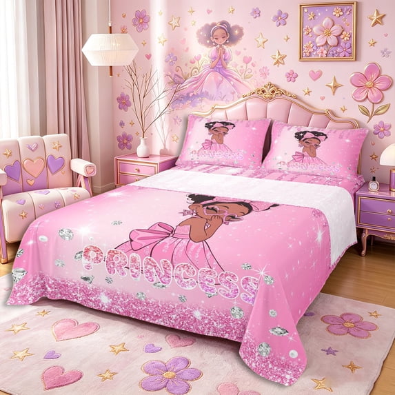 Castle Fairy Shiny Pink Princess Bed Sheets 4-Piece,Dazzling Starry Backdrop Full Size Sheets,Rose Magenta White,1 Fitted Sheet, 1 Flat Sheet and 2 Pillowcases