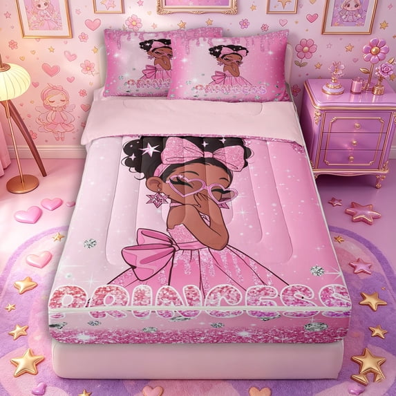 Castle Fairy Shiny Pink Princess Zipper Full Size Comforter Sets with Fitted Sheet and 2 Pillowcases,Dazzling Starry Backdrop Zipper Bedding Set,Rose Magenta White,4pcs