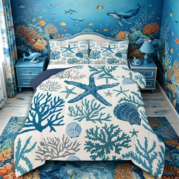 Castle Fairy Silhouette Coral Starfish Tile Full Size Comforter Sets 3-Piece,Two-Tone Seashell Reef Seamless Pattern Bedding Comforter Set,Navy White,Reversible,1 Comforter and 2 Pillowcases