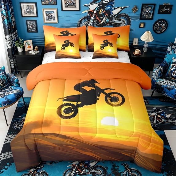 Castle Fairy Silhouette Style Motocross Rider Bedding Comforter Set 7-Piece for Teens, Sunset Desert Art King Bedding Sets for Bedroom, Warm Orange