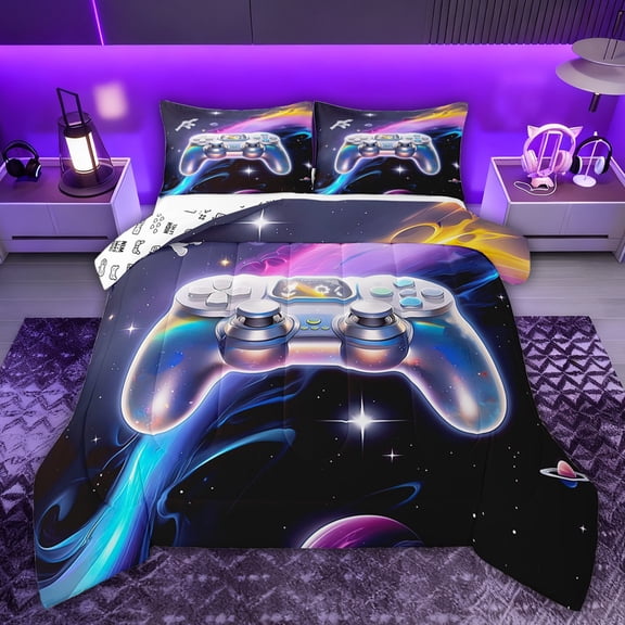 Castle Fairy Silver Cyberpunk Gamepads Twin Comforter Sets,Video Game Bedding Set